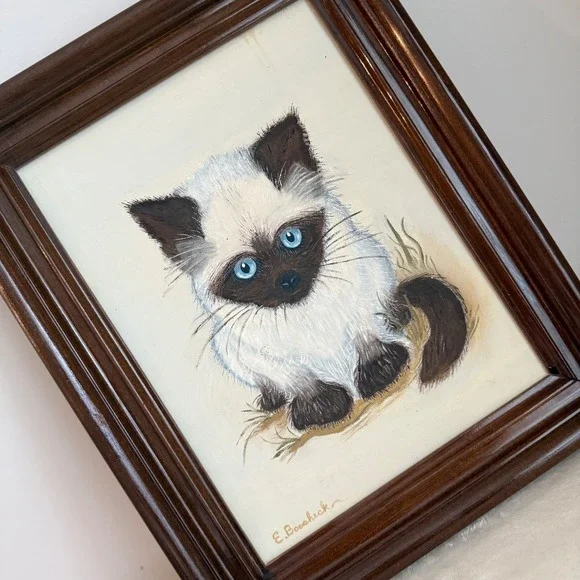 Vintage Siamese Cat Painting Signed E Boscheck Framed Blue Eyes Kitten Art
